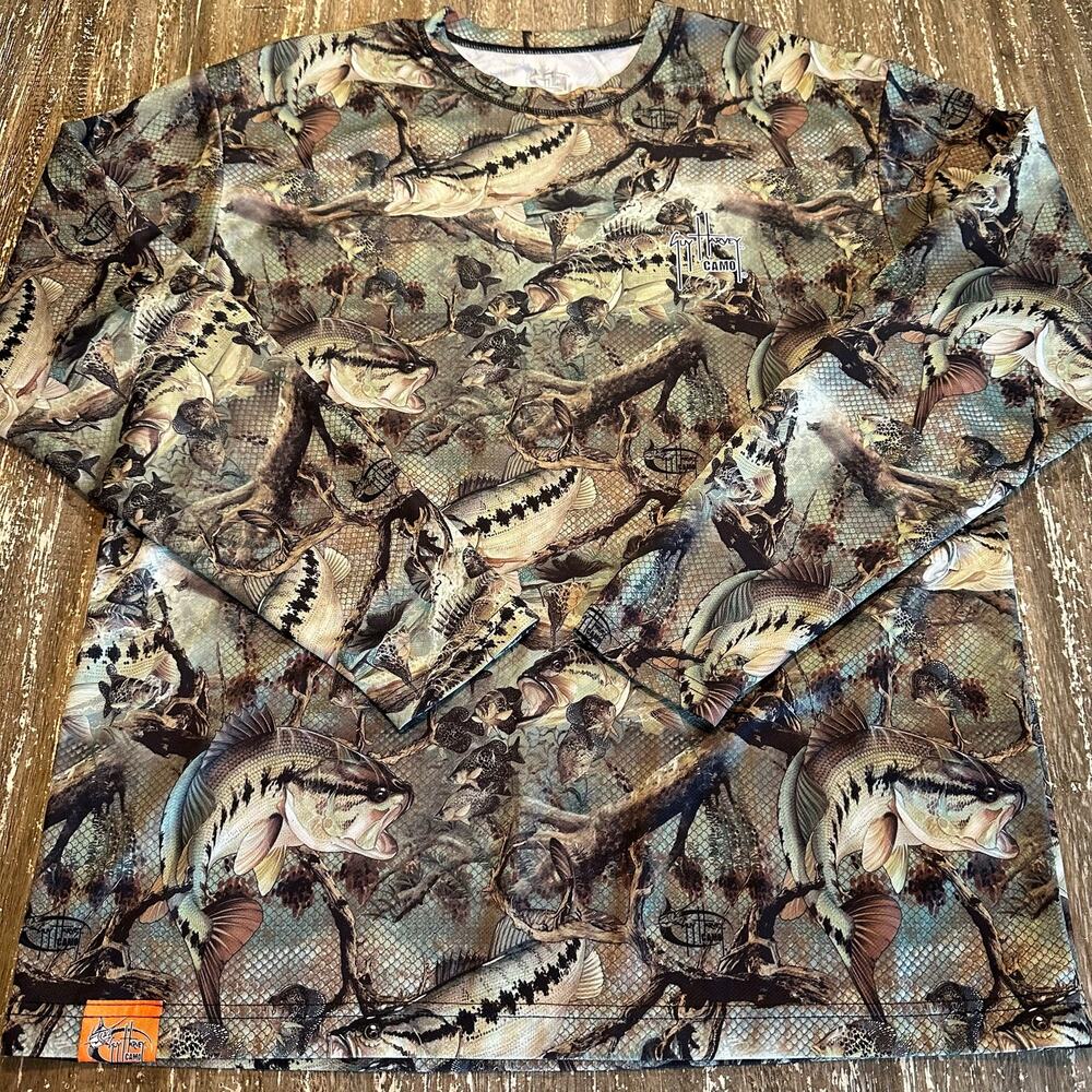 Guy Harvey Camo by AFTCO Long Sleeve Perfomance Fishing Shirt Green Mens Size L